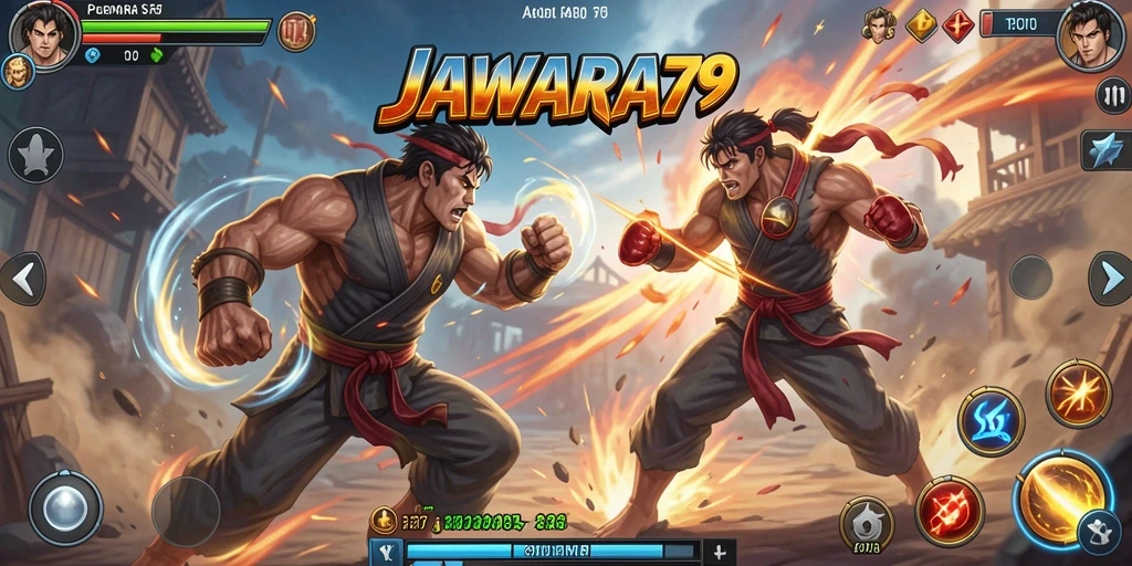 Screenshot utama JAWARA79 menampilkan karakter bertarung dengan efek visual yang menakjubkan.