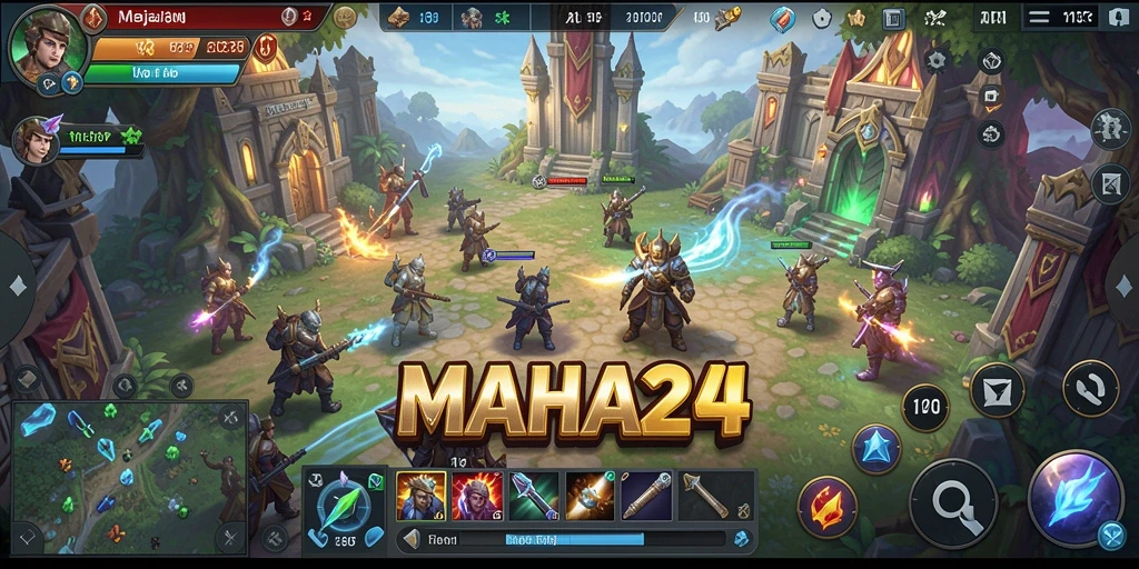 Tangkapan layar gameplay MAHA24 yang menunjukkan pertempuran strategis dan pengelolaan sumber daya.