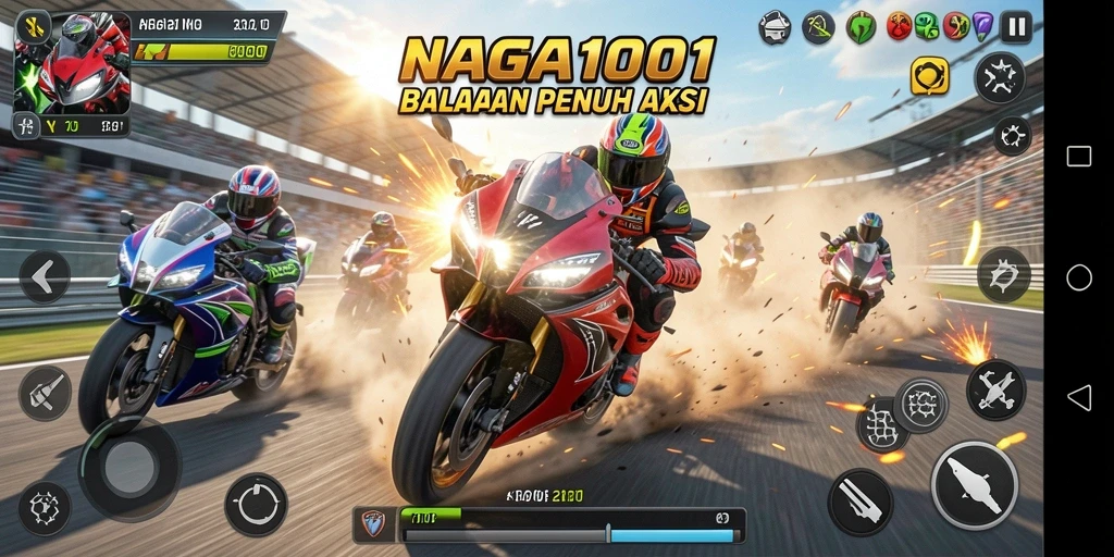 Screenshot gameplay NAGA1001 yang menampilkan balapan motor seru.
