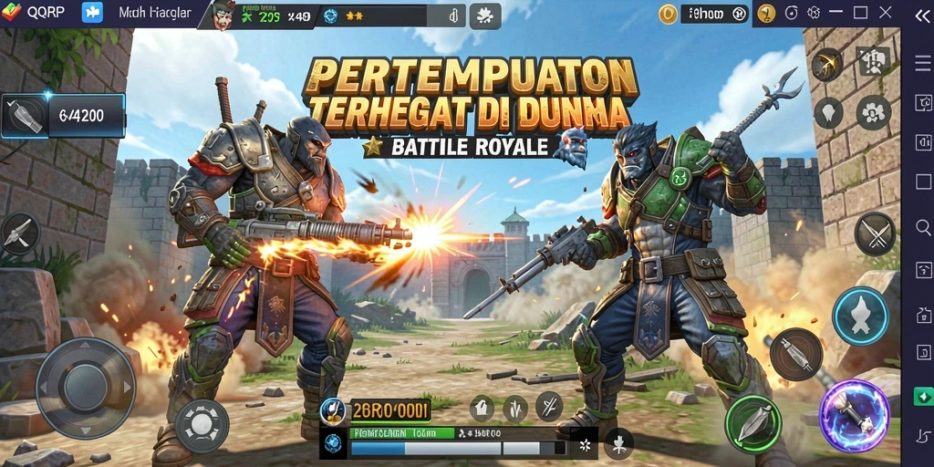 Tangkapan layar utama <strong>QQRP</strong> menampilkan aksi pertempuran mendebarkan di arena Battle Royale.