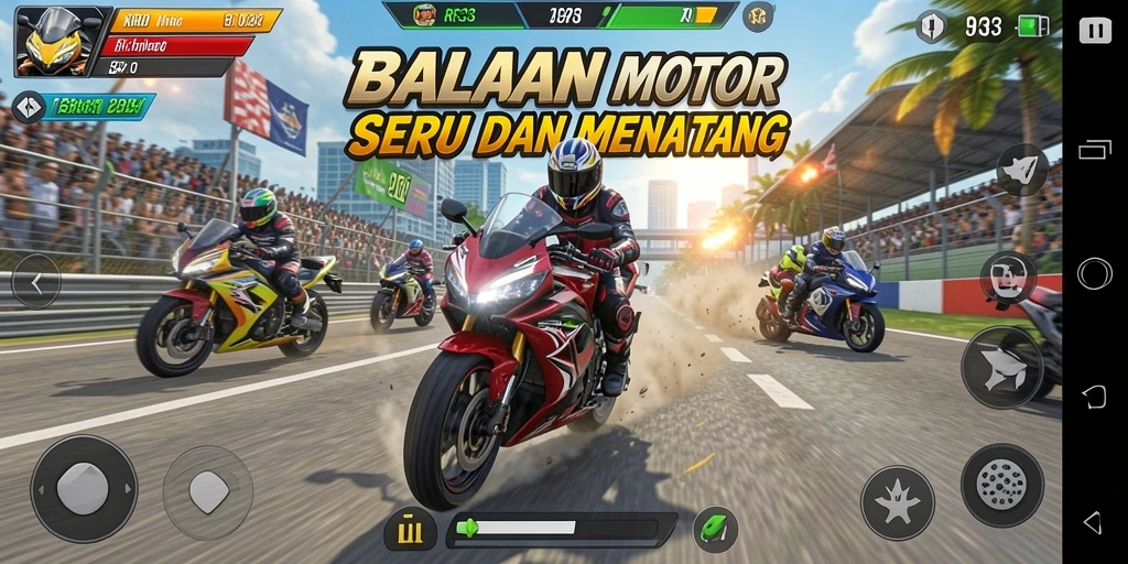Screenshot gameplay RR33 menampilkan aksi balapan motor yang mendebarkan.