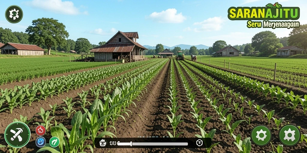 Tampilan gameplay SARANAJITU yang menampilkan pertanian yang ceria dan interaktif.